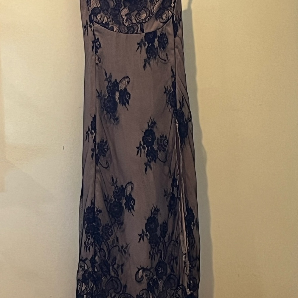 Anthropologie Taupe Satin Slip Dress with Black Lace Overlay - Picture 8 of 8